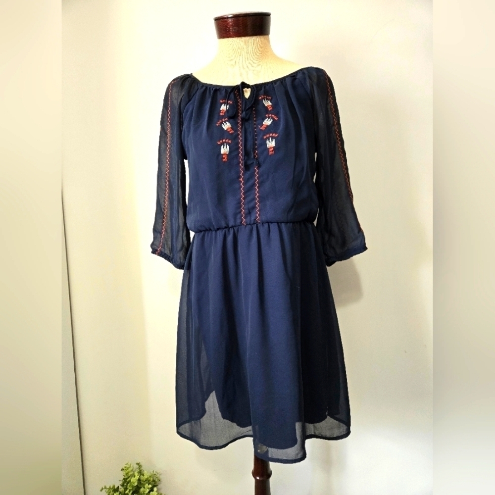 RUBY ROX Navy Blue Aztec Embroidered Midi Dress. Size Small